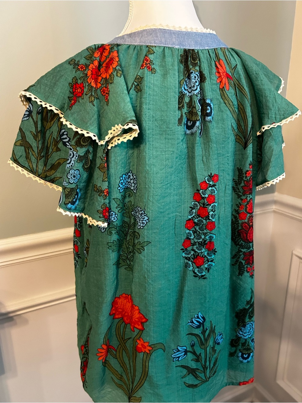 THML Clothing Green Floral Peasant Tunic Blouse with Ruffle Sleeves, Tassels L - Picture 7 of 16